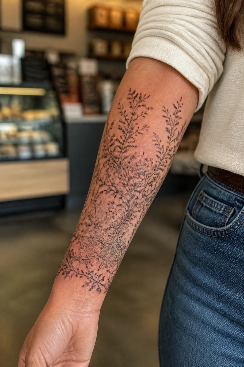 Forearm with fine-line branch tattoo, white ribbed sleeve, blue jeans in cafe setting