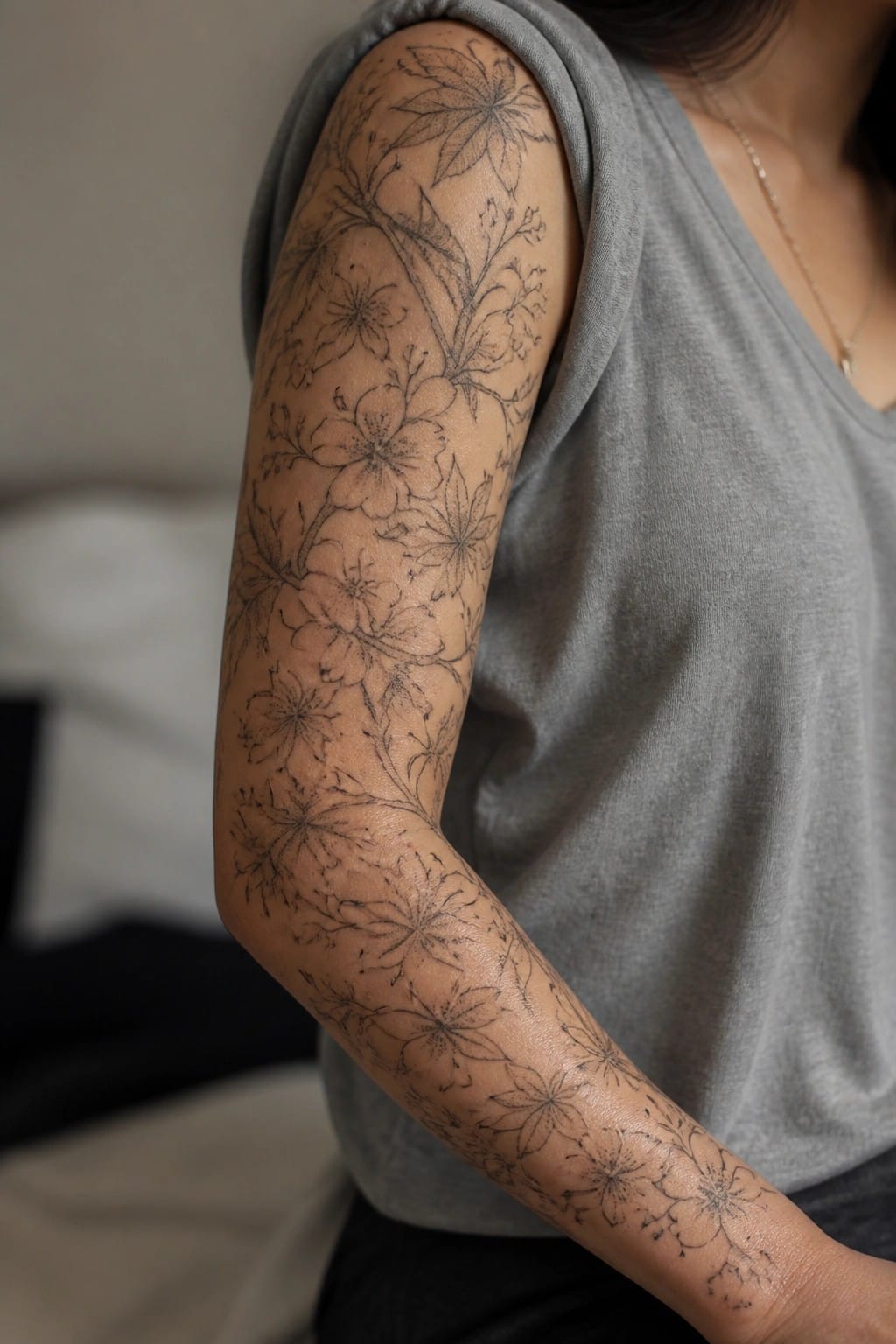 Floral tattoo of cherry blossoms and leaves on arm under gray tank top