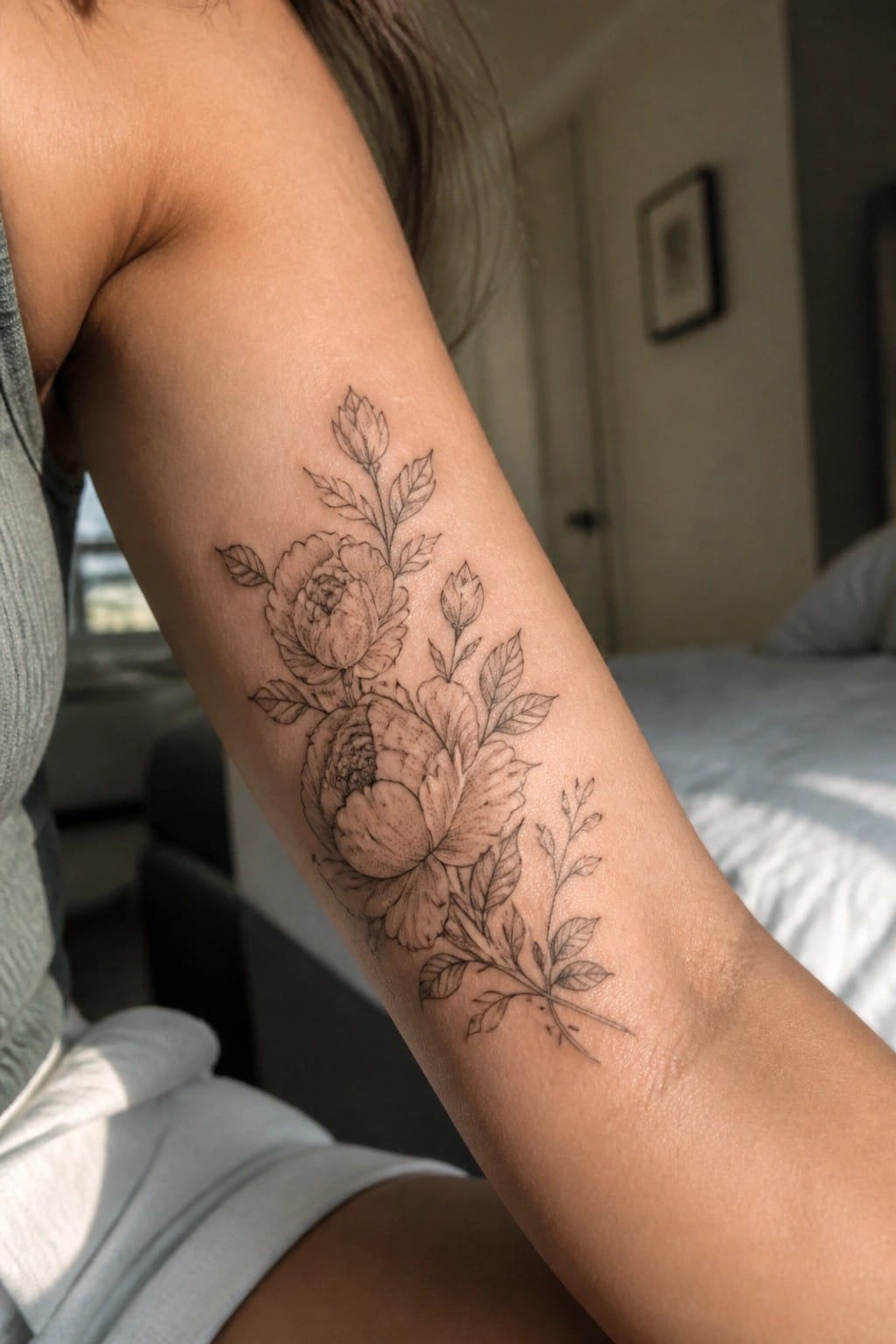 Floral tattoo of peonies and leaves on upper arm in bedroom setting.