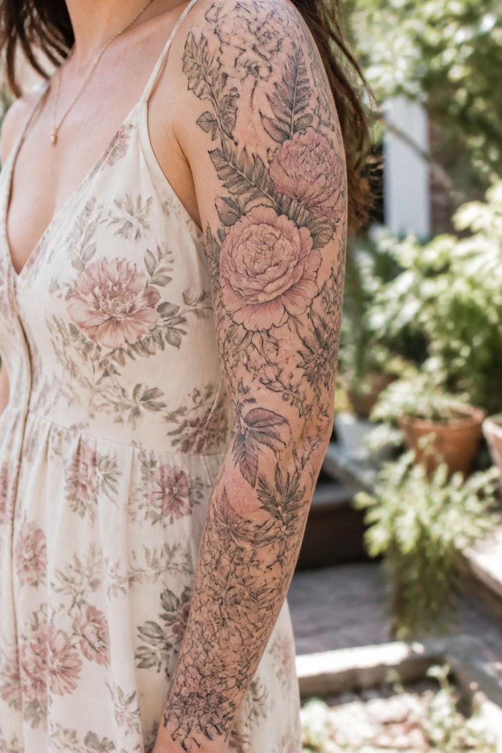 Woman's arm showing a fine line botanical sleeve tattoo with peonies and leaves in black and soft pink, running from shoulder to forearm.