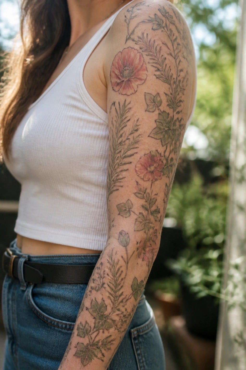Woman in white tank top and jeans with red poppy and leaf tattoos on arm