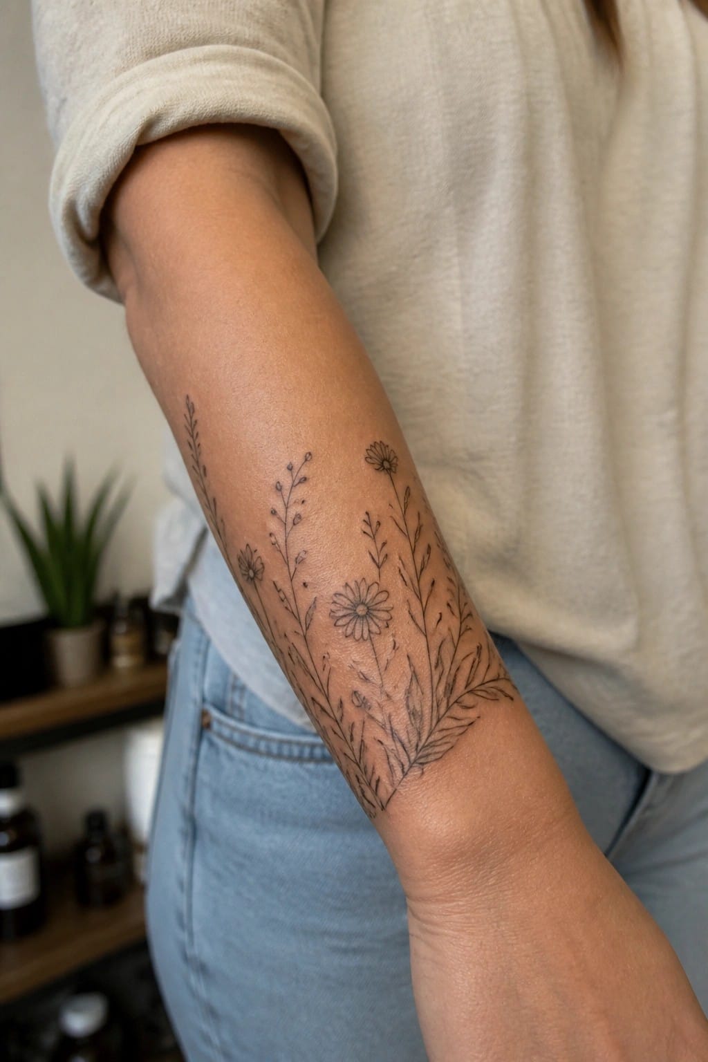Fine line botanical tattoo of wildflowers and leaves running along the inner forearm