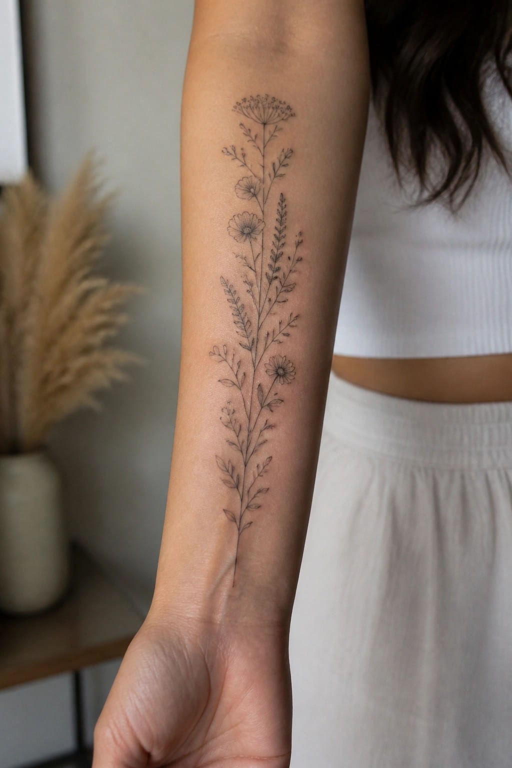 Fine line botanical tattoo of wildflowers and plants running vertically along the inner forearm