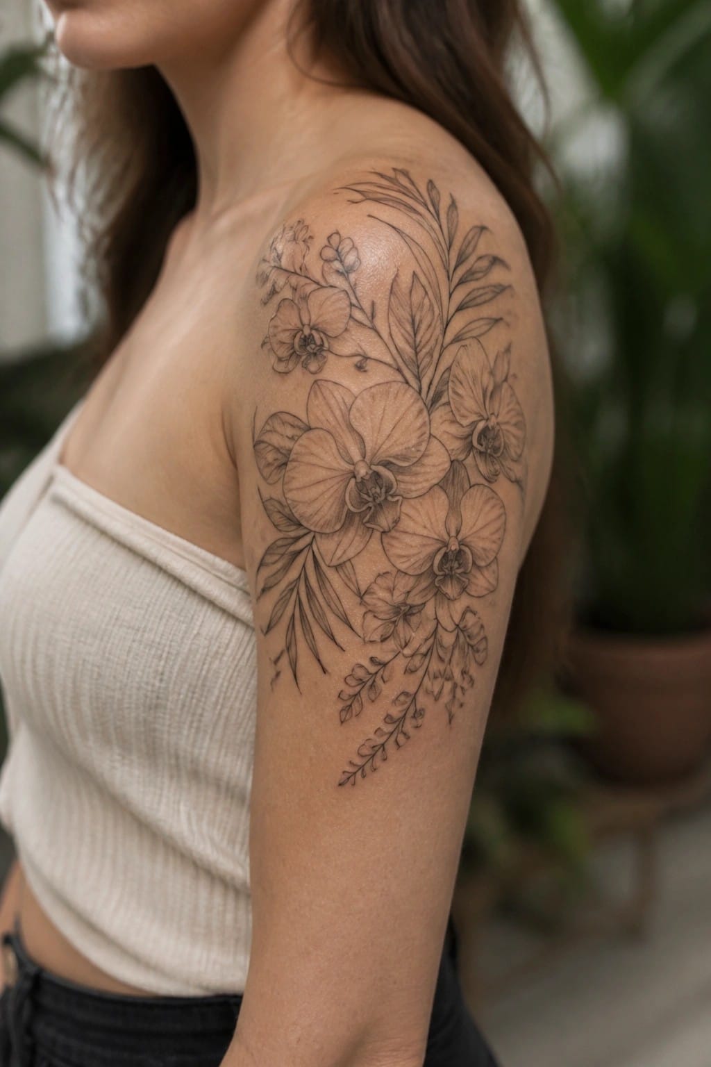 Shoulder with large black orchid flower tattoo, beige ribbed crop top, blurred plants behind.