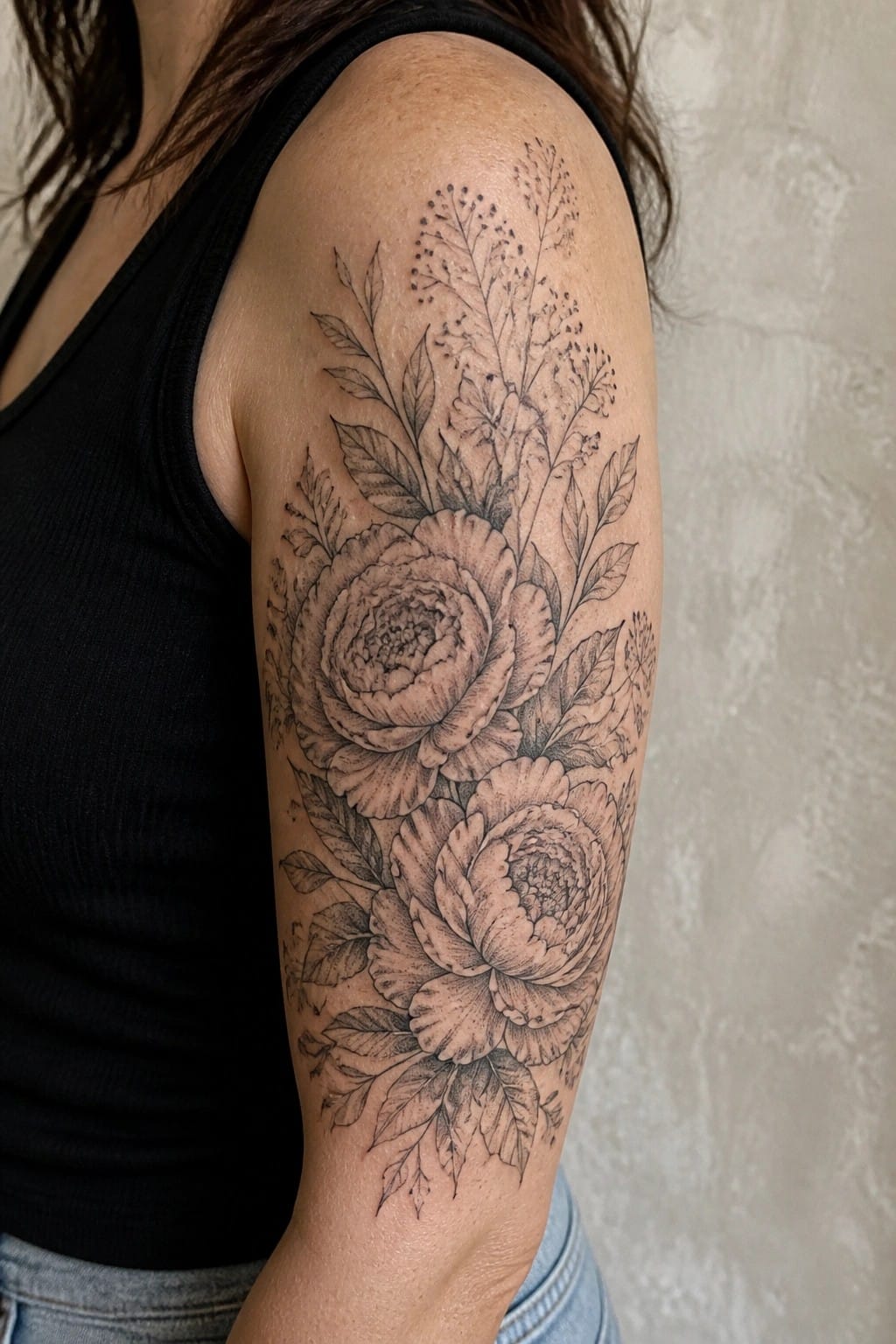 Black ink floral tattoo with large peonies on upper arm in black tank top