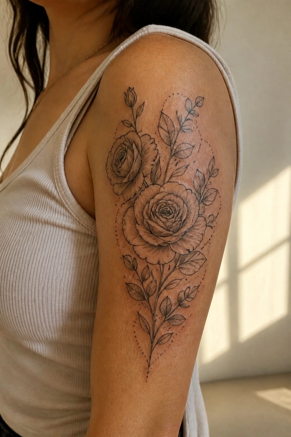 Woman's shoulder with large black rose tattoo, white tank top strap visible.