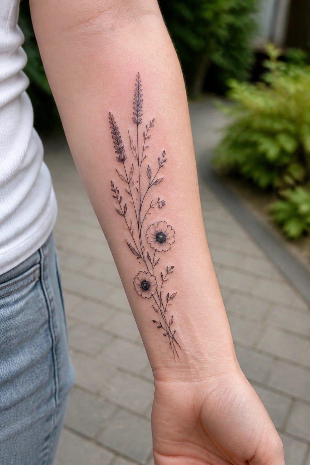 Delicate black line-art wildflower tattoo on forearm, white shirt and jeans visible.