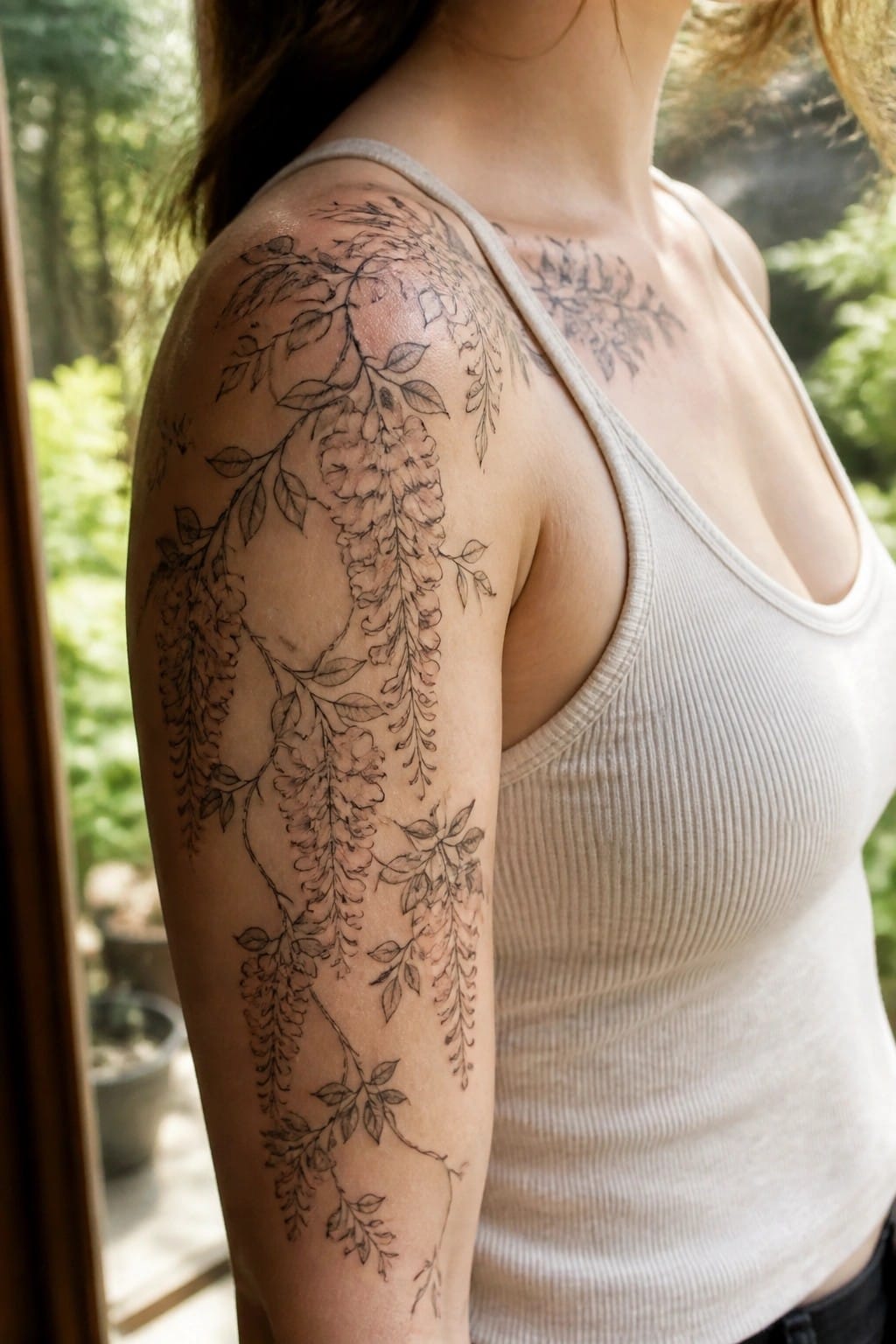 Woman's shoulder with black wisteria flower tattoo, wearing white ribbed tank top.