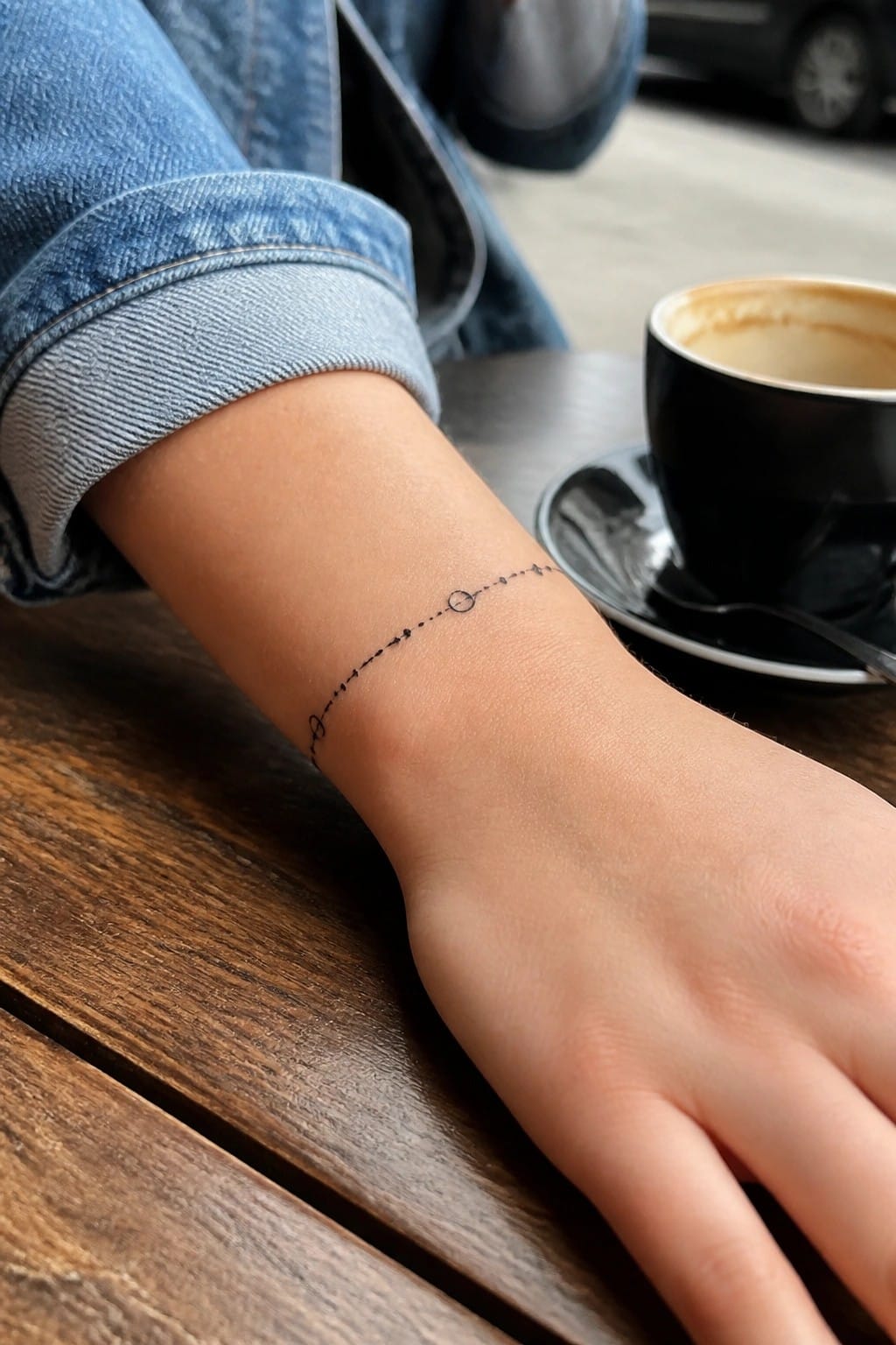 Denim-sleeved wrist with dotted line tattoo beside black coffee cup on wooden table