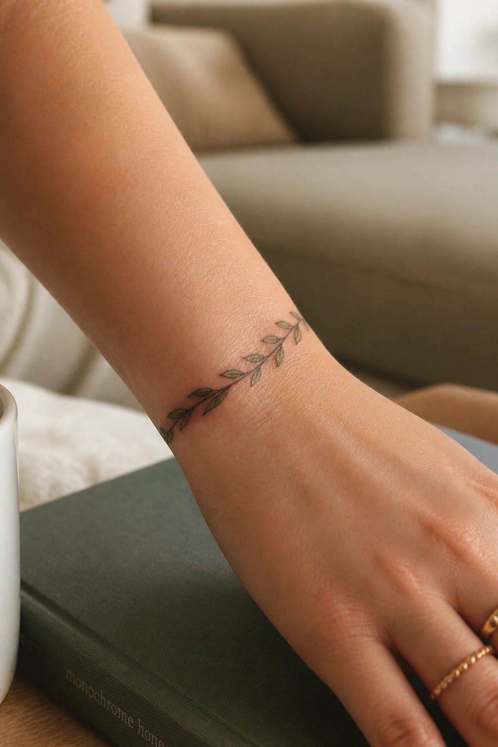 Delicate green leaf vine tattoo on wrist resting on dark green book with gold rings