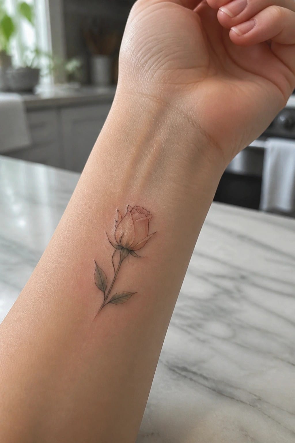 Small rose tattoo with stem and leaves on the inner wrist in fine line style