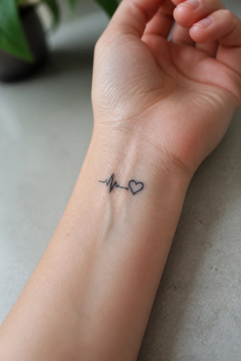 Small black line tattoo showing a heartbeat that ends in a heart outline on the inner wrist