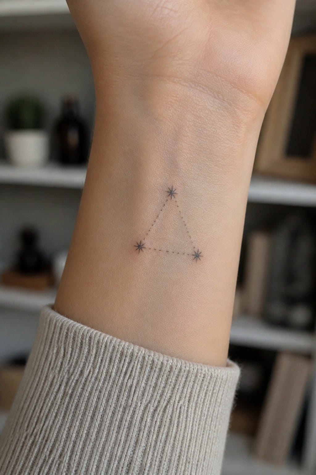 Small fine line tattoo of three stars connected by dotted lines to form a triangle on the inner wrist