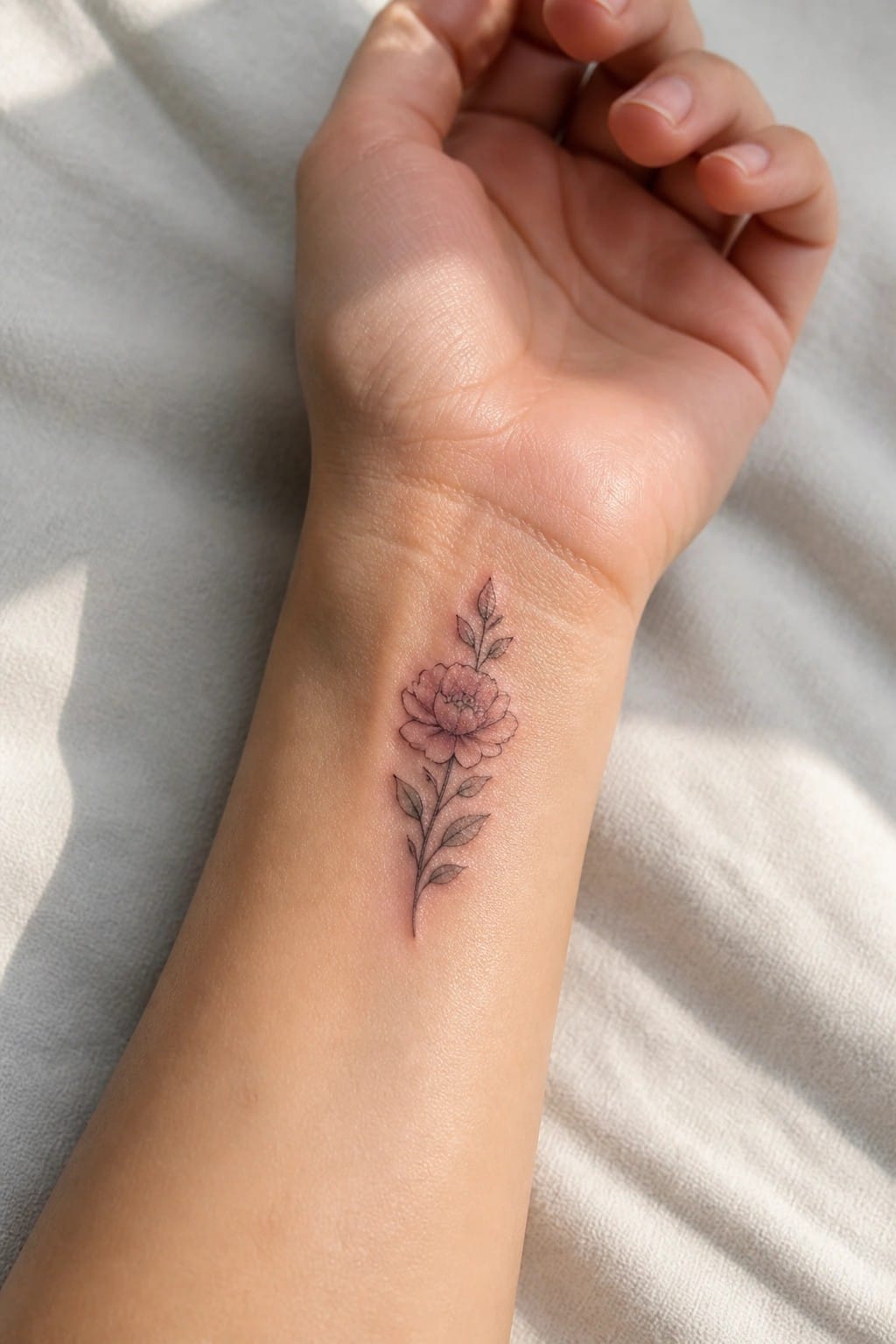 Small pink flower tattoo with a vertical stem and leaves on the inner wrist in fine line style with light shading