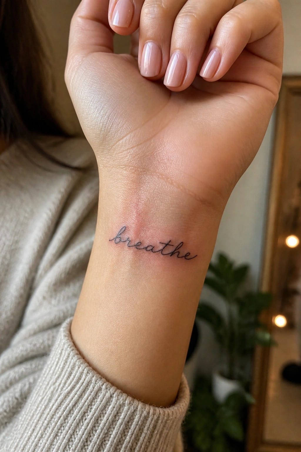 Wrist with cursive 'breathe' tattoo, light pink manicured nails, beige knit sweater