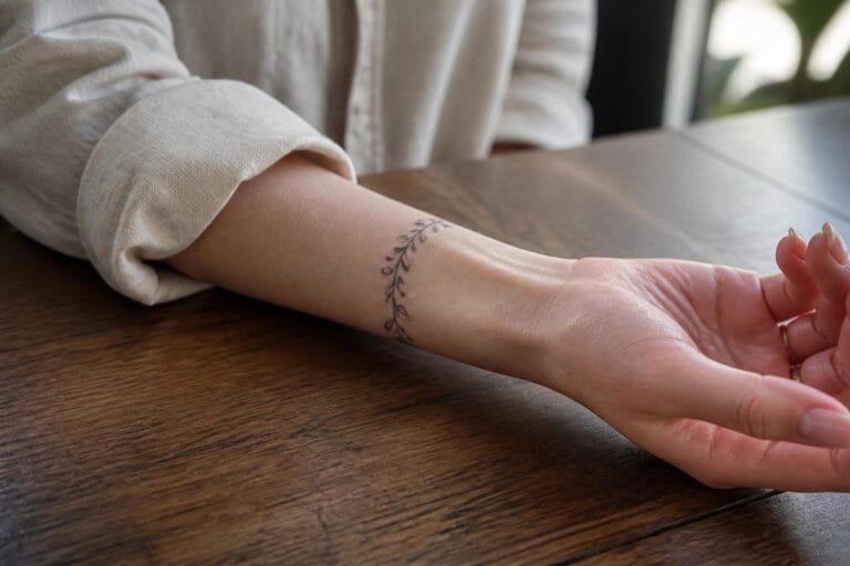 18 Lovely Wrist Tattoos for Women Designed for Everyday Elegance Wrist with delicate leaf tattoo, beige rolled sleeve, hand on wooden table