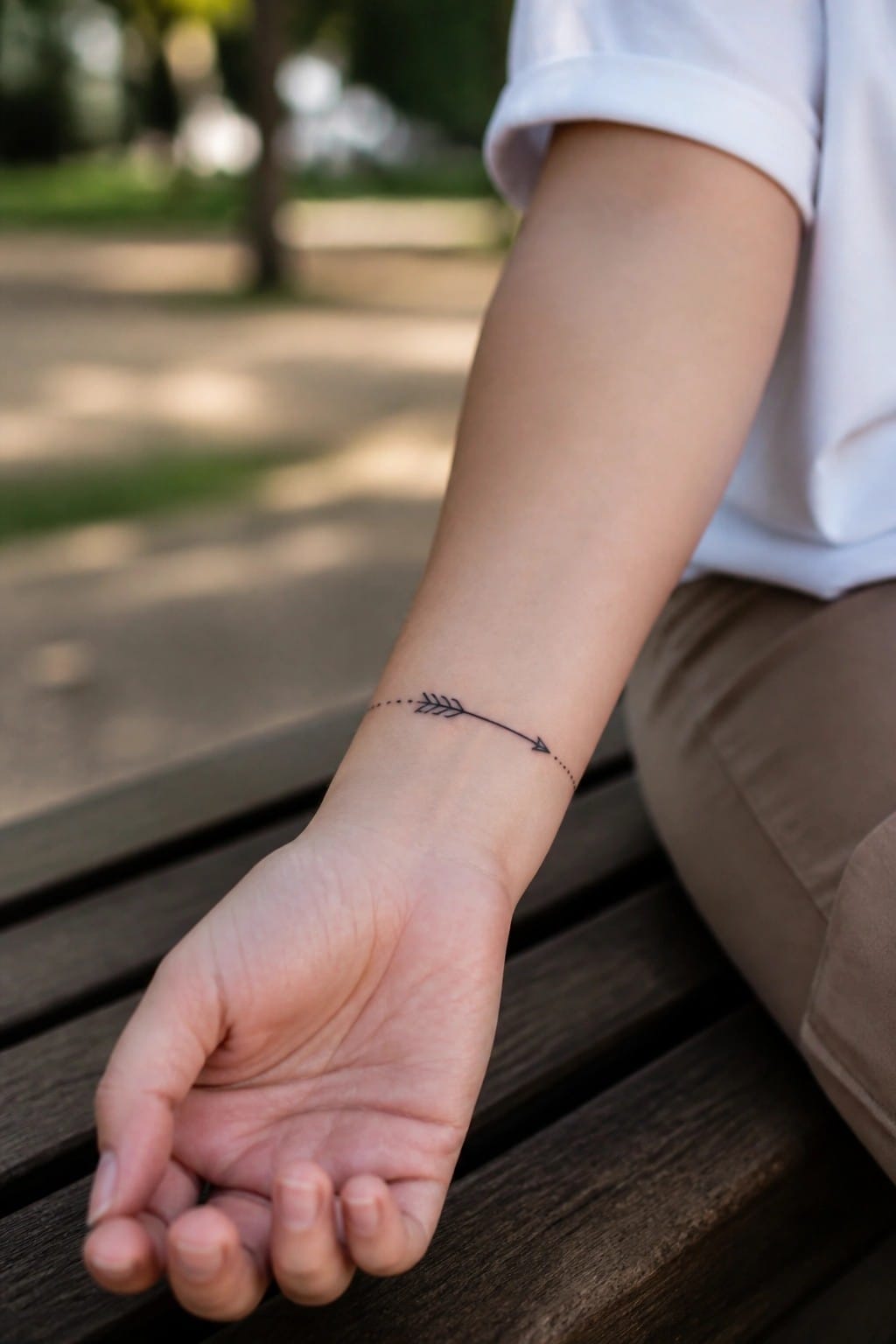 Small fine line arrow tattoo on the inner wrist with dotted ends pointing right