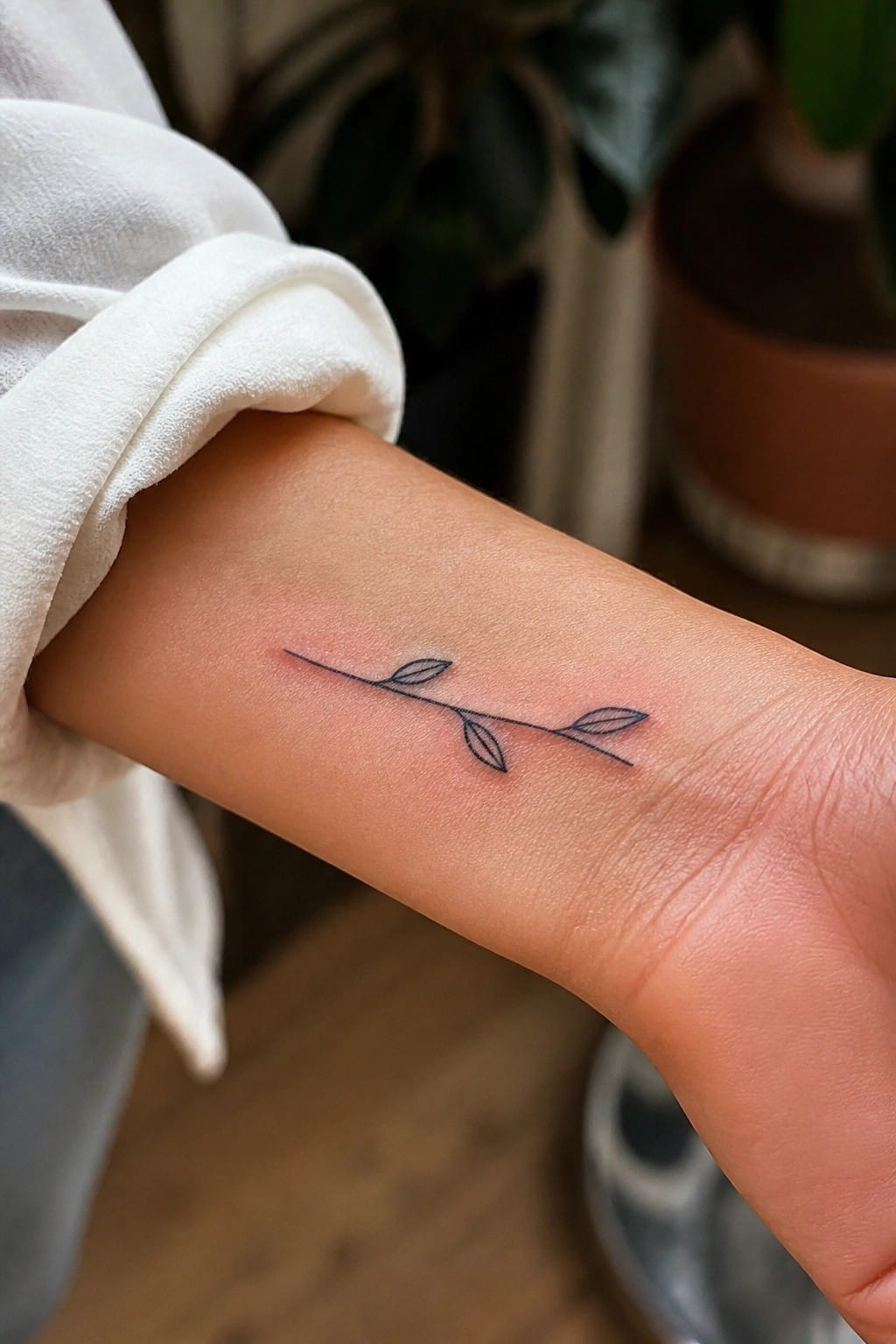 Delicate leafy branch tattoo on reddened wrist beneath white sweatshirt sleeve