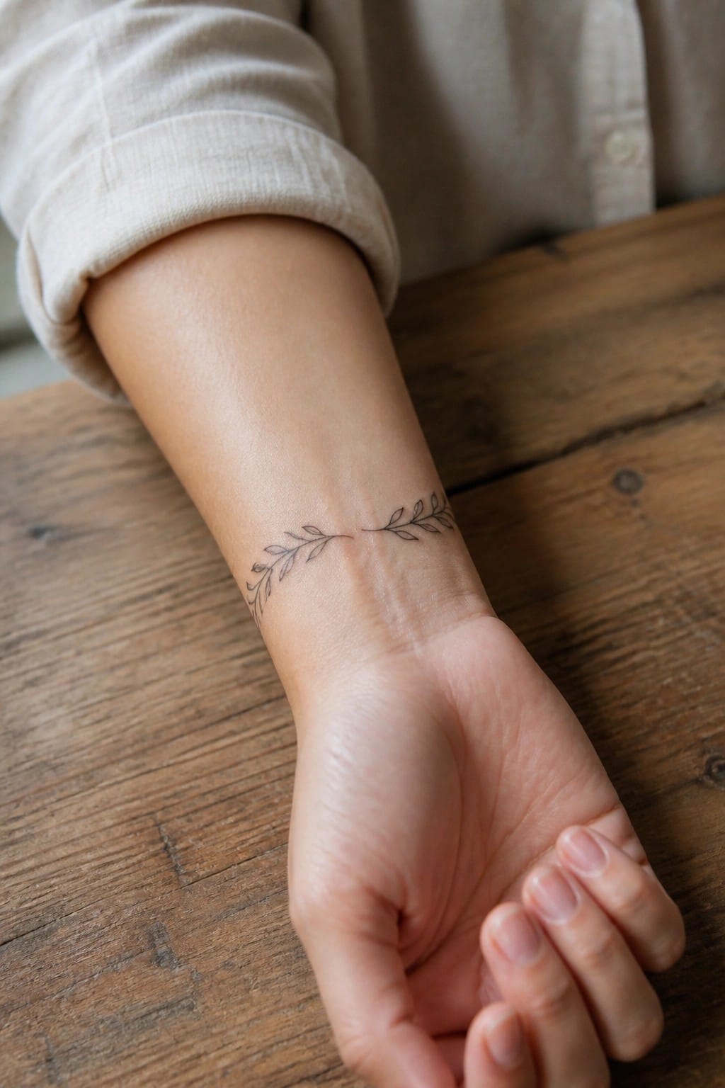 Wrist with delicate leaf tattoo, beige rolled sleeve, hand on wooden table