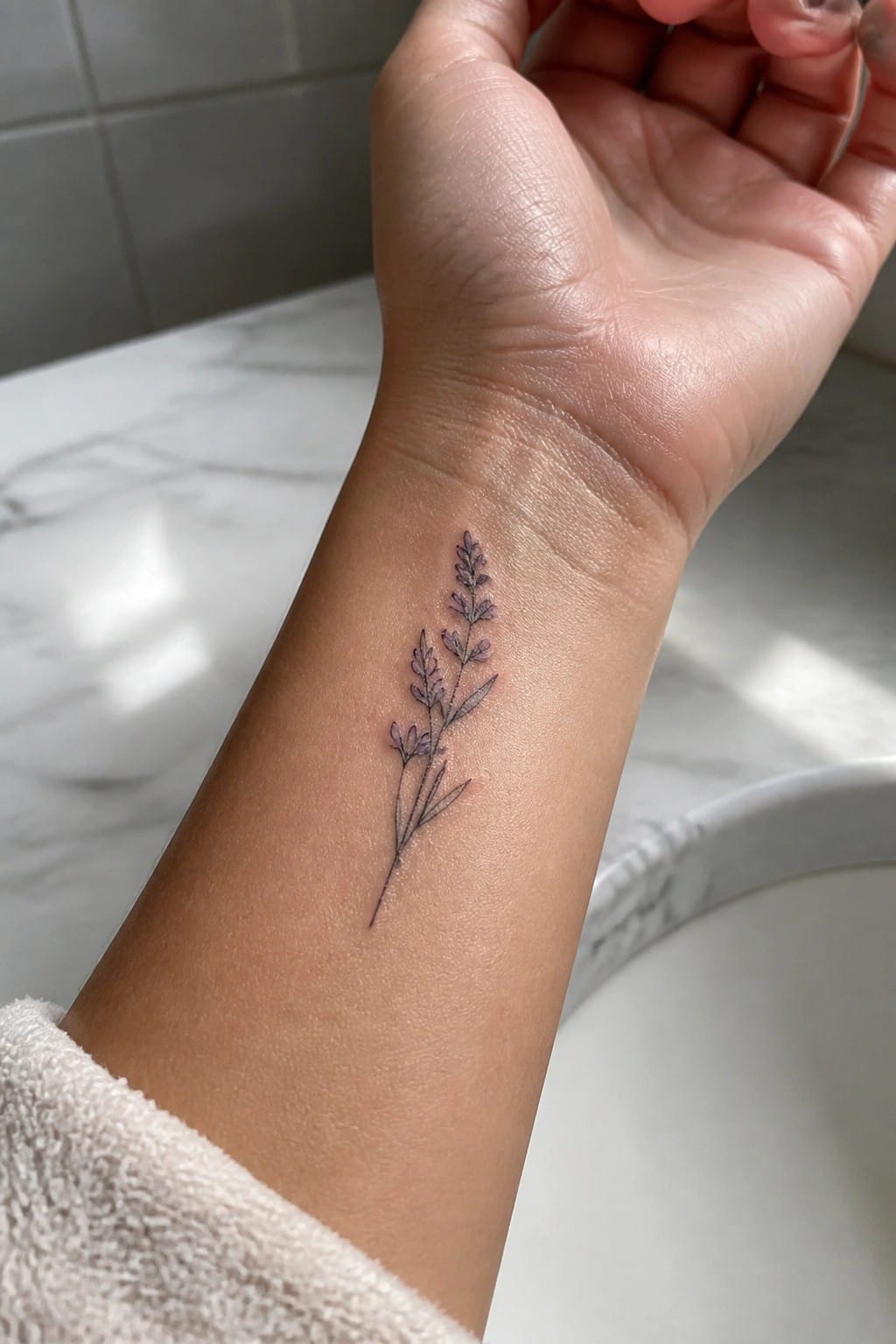 Fine line lavender stem tattoo on inner wrist with subtle purple shading