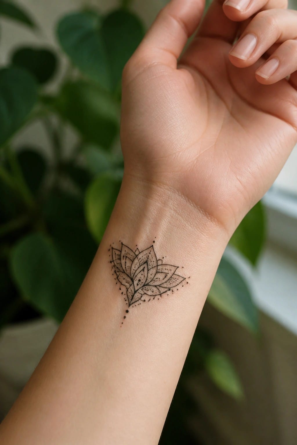 Black lotus flower tattoo on light-skinned inner wrist with blurred green leaves behind