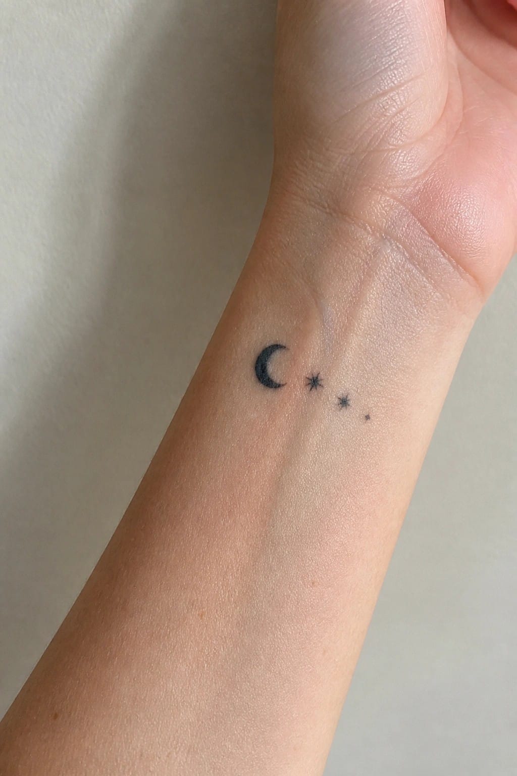 Crescent moon and three stars tattoo in black ink on wrist.