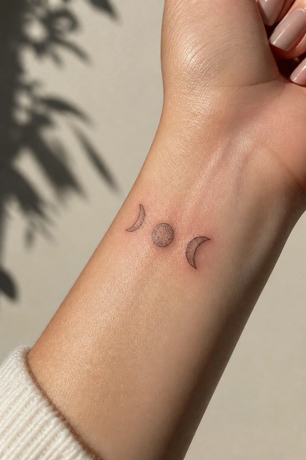 Minimalist moon phases tattoo on inner wrist with two crescents and a dotted full moon in the center.