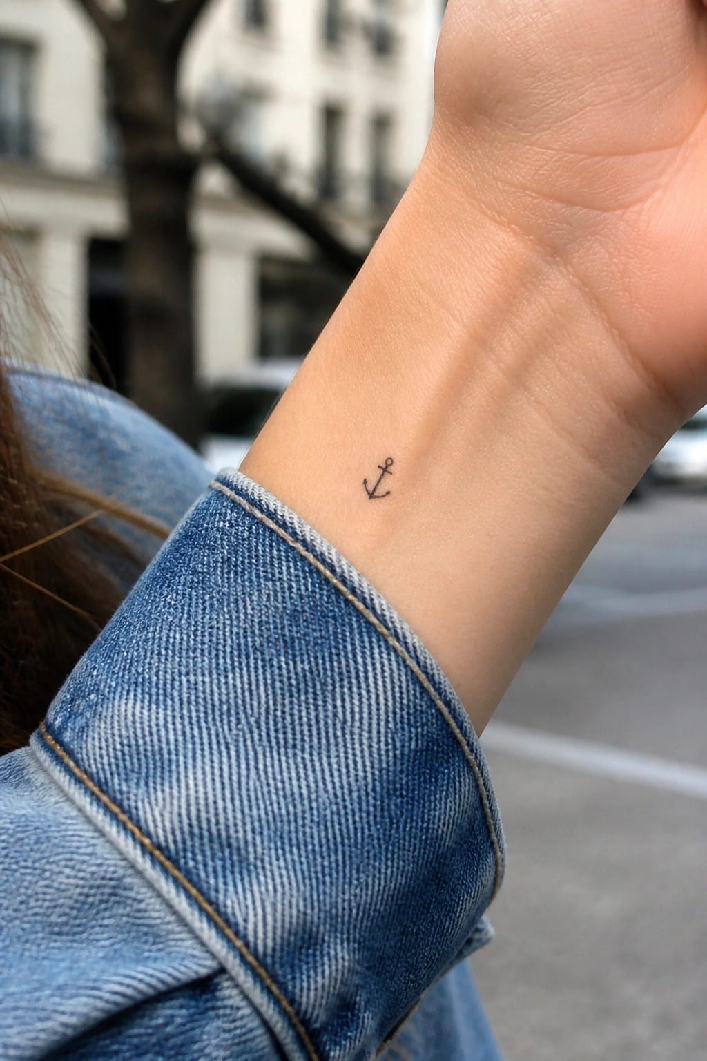 Small black anchor tattoo on the inner wrist above a denim sleeve.