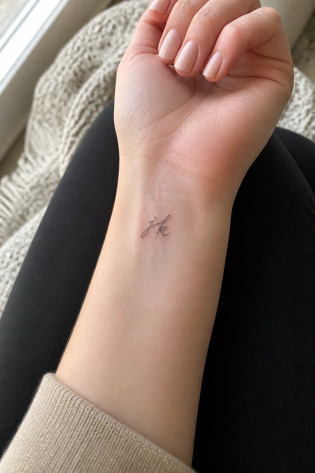 Small cursive initials tattoo on the inner wrist of a woman's hand resting on dark fabric.