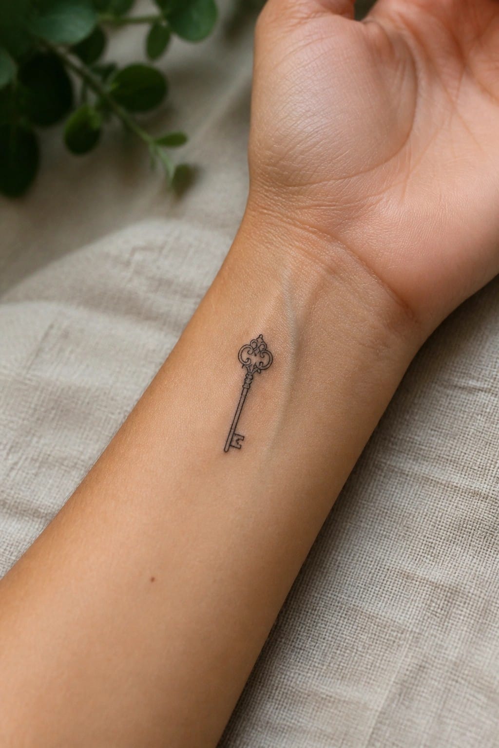 Ornate black key tattoo on inner wrist over beige linen fabric with green leaves.