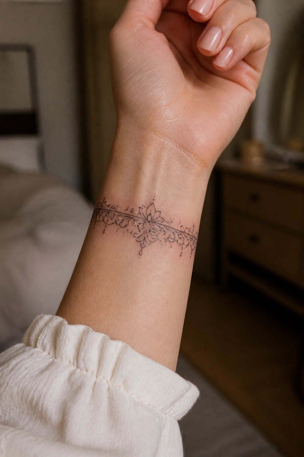 Delicate black floral lace tattoo on wrist with white ruffled sleeve and manicured nails.