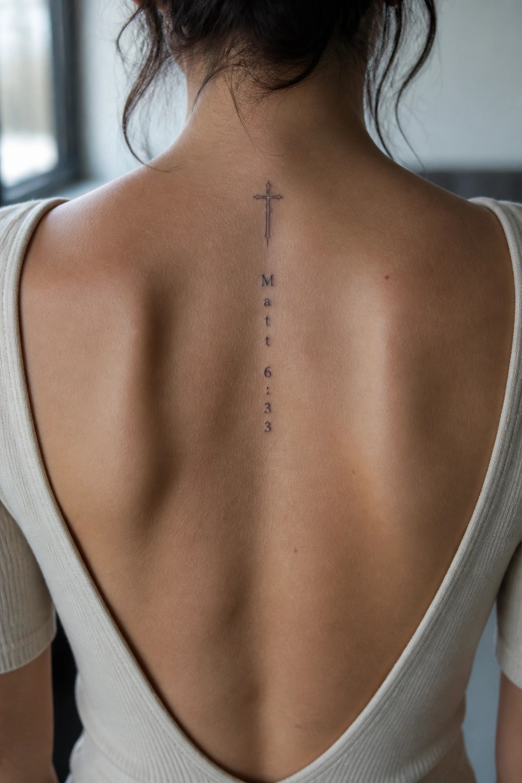 Fine line cross tattoo with matthew 6:33 verse placed vertically along the spine on a woman's upper back