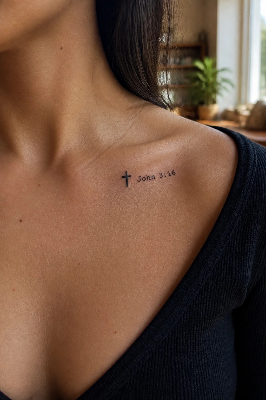 Black cross and John 3:16 tattoo on shoulder above dark ribbed top