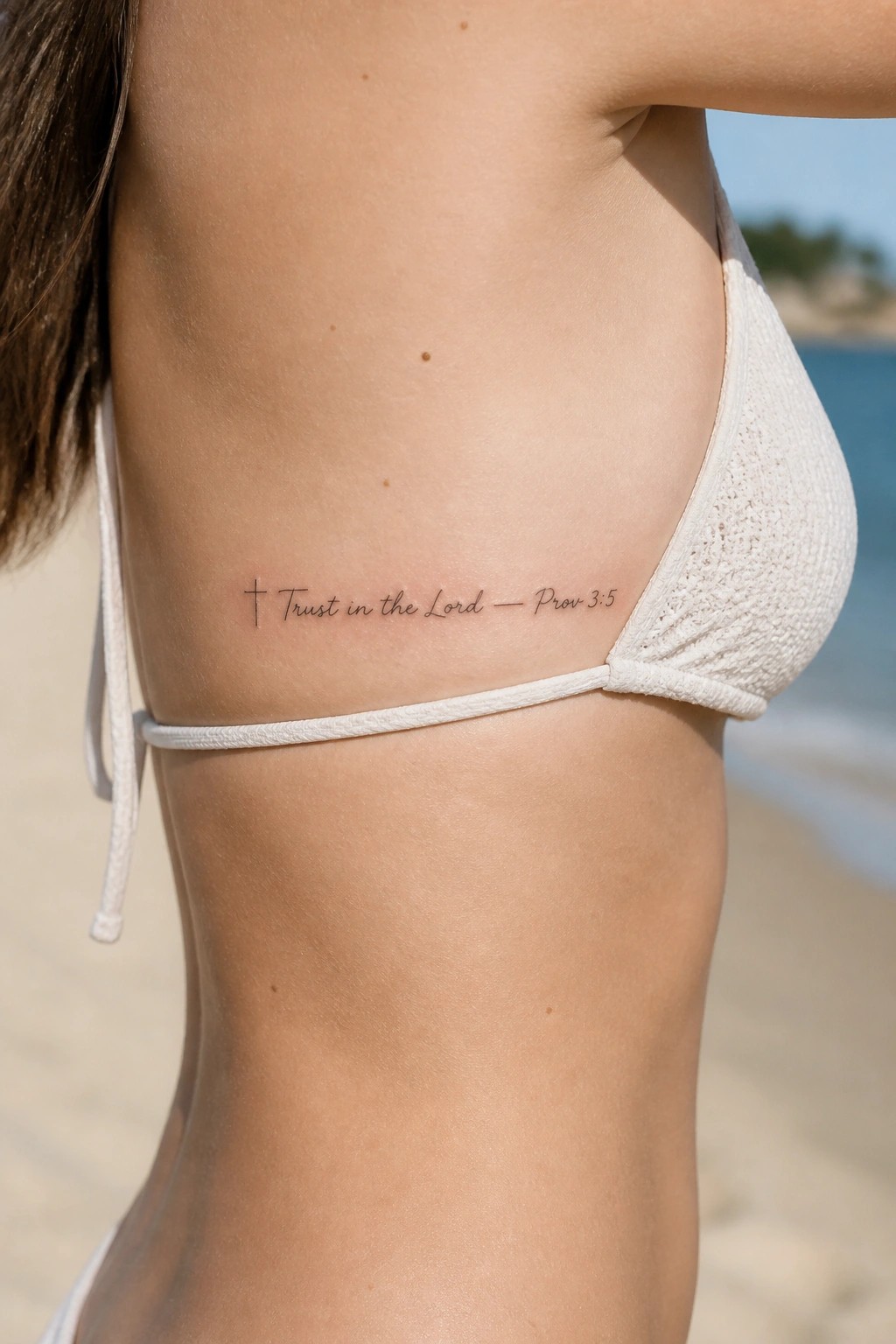 Small cross and bible verse tattoo on the side torso of a woman in a white bikini at the beach