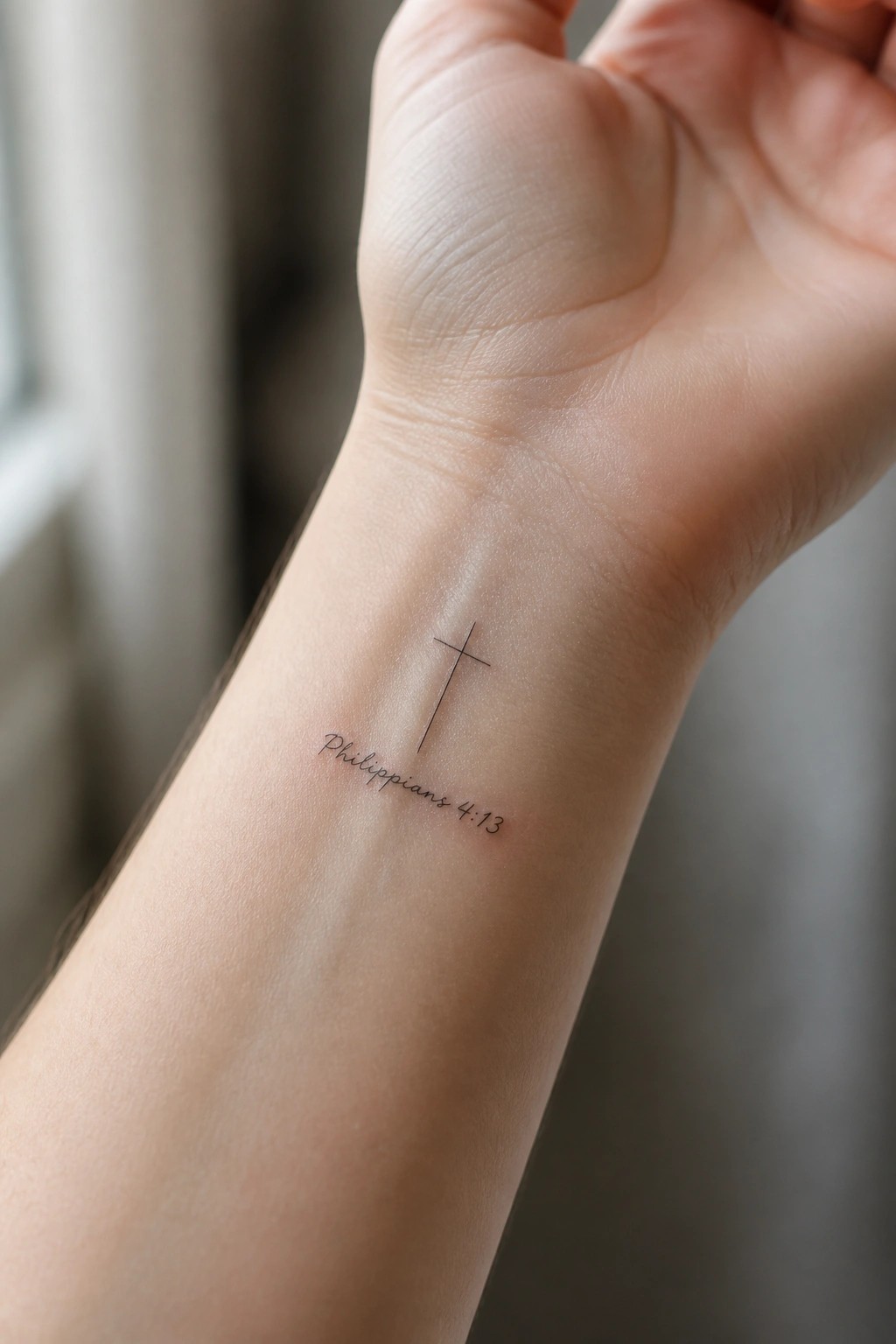 Small cross tattoo with Philippians 4:13 text on inner wrist