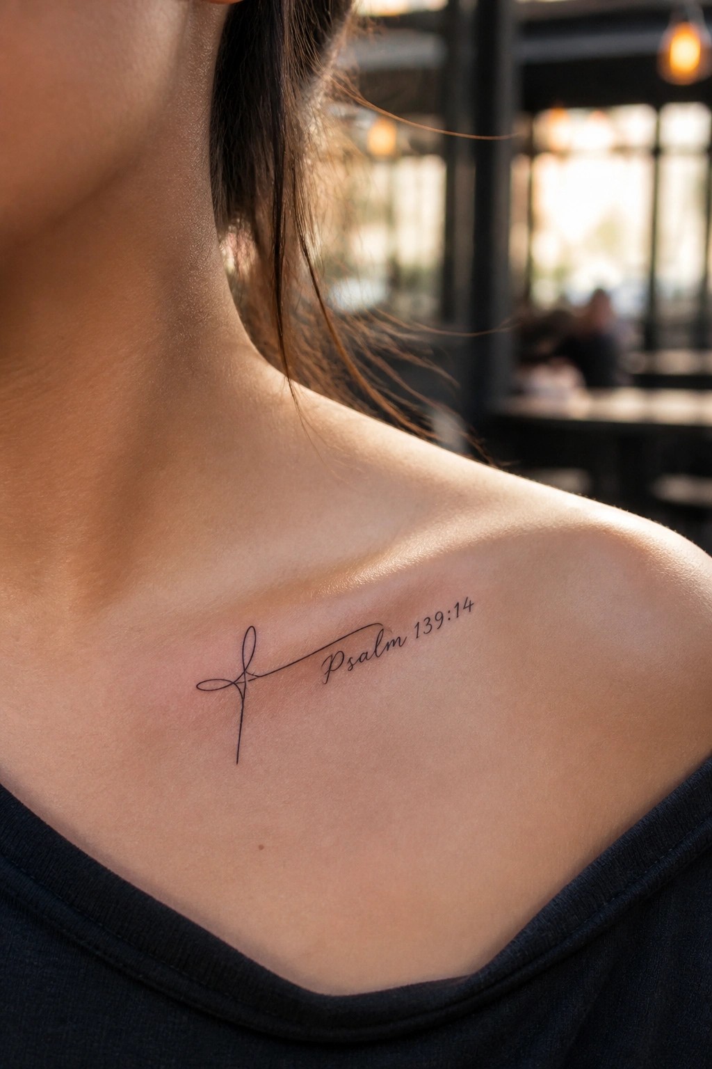 Black cross tattoo with Psalm 139:14 on woman's shoulder above dark top