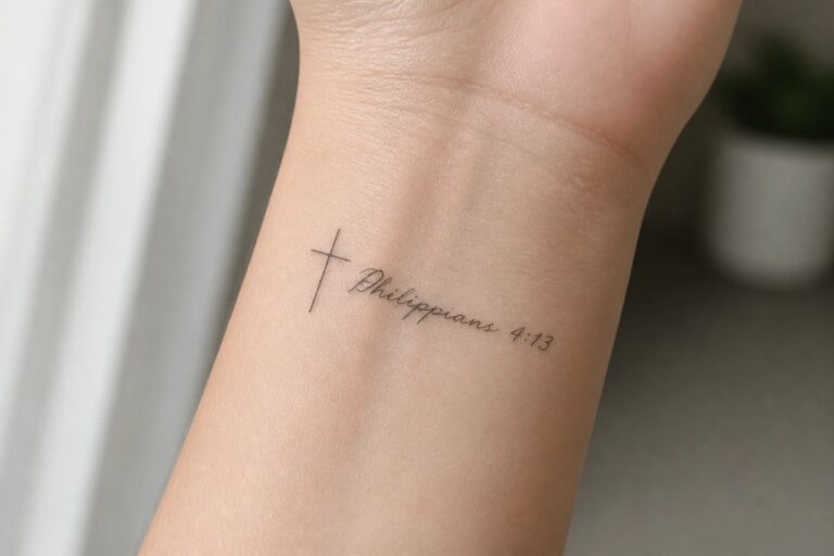 Small cross tattoo with Philippians 4:13 text on inner wrist
