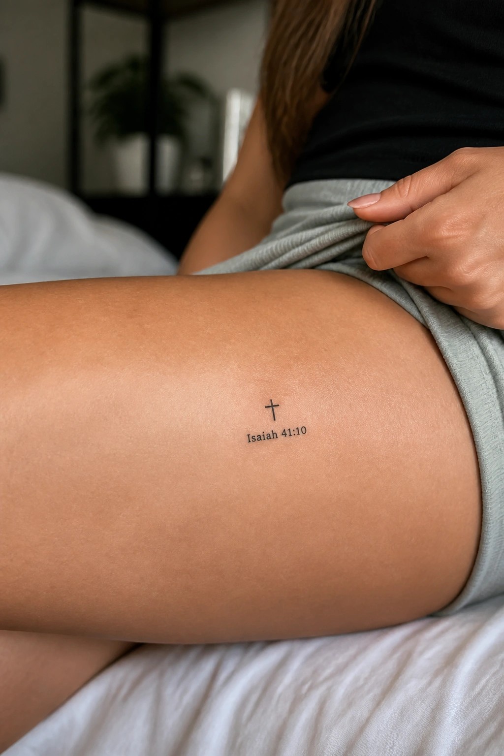 Small cross tattoo reading Isaiah 41:10 on thigh, hand lifting gray shorts over black top.