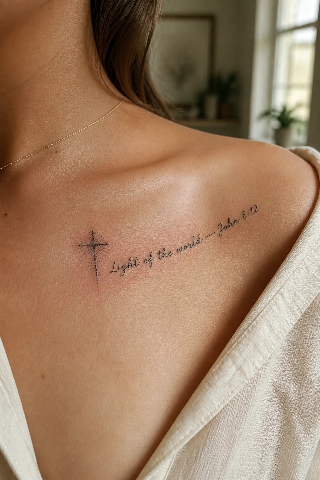 Woman's shoulder with starburst cross tattoo and 