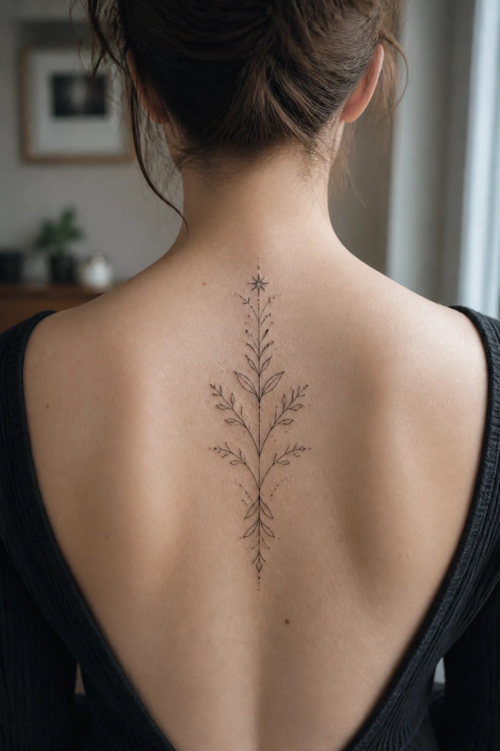 Woman's back with delicate black floral tattoo and star, low-back top.