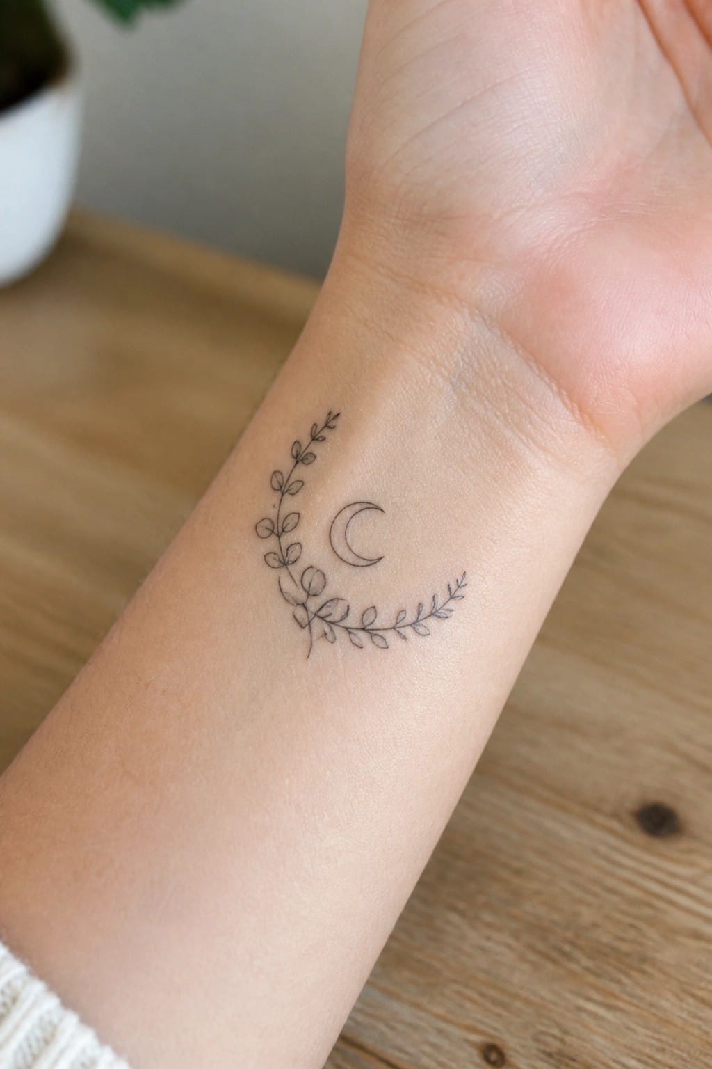 Minimalist crescent moon tattoo with leafy branches on light-skinned wrist over wood