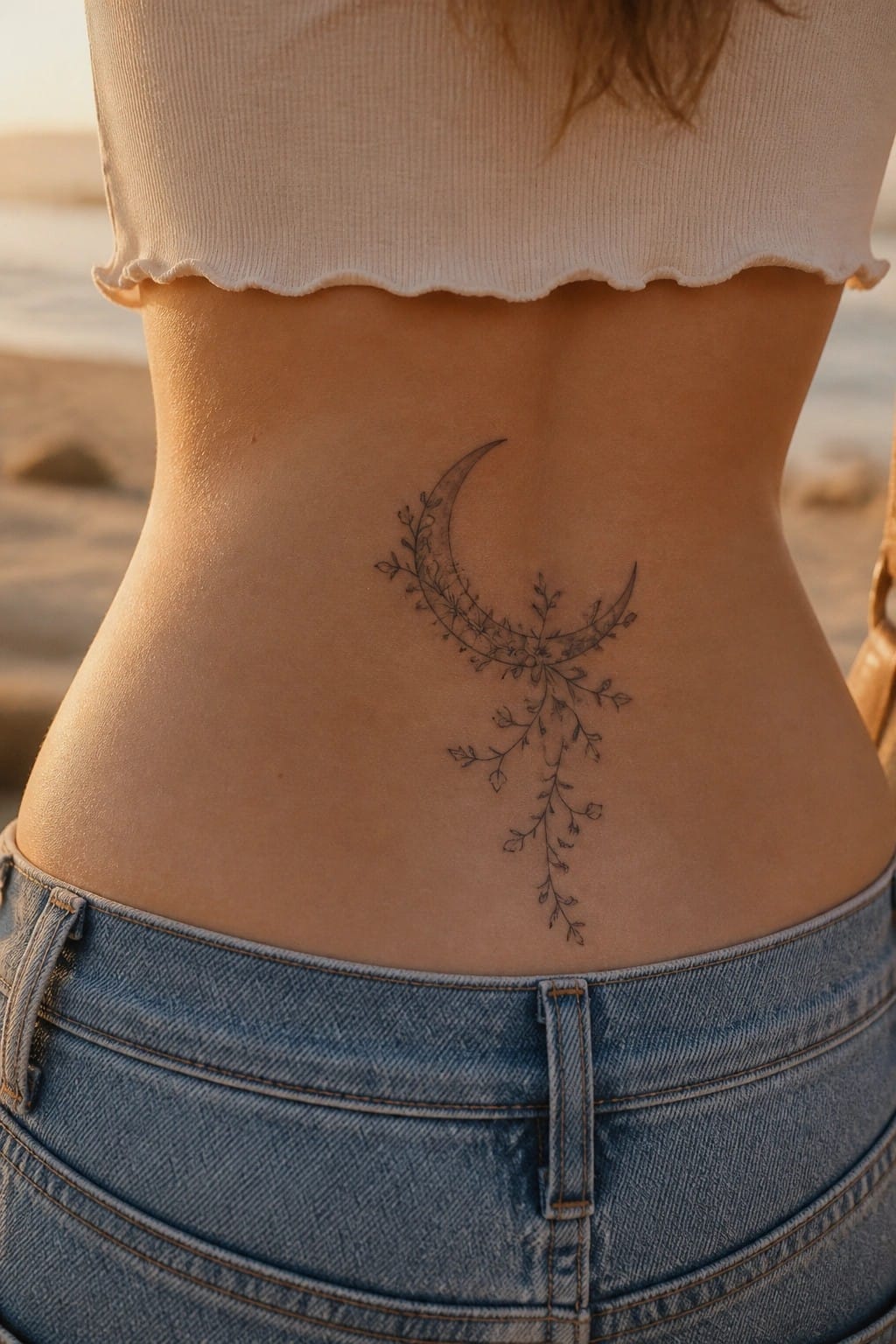 Crescent moon floral tattoo on lower back above blue jeans at beach.
