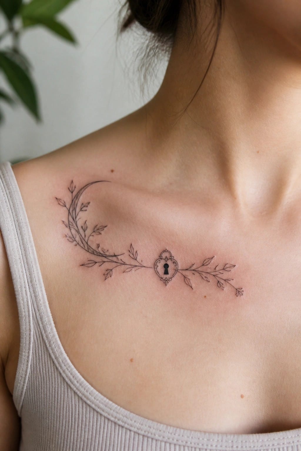 Shoulder tattoo of crescent moon with vines and heart-shaped lock on beige tank top.
