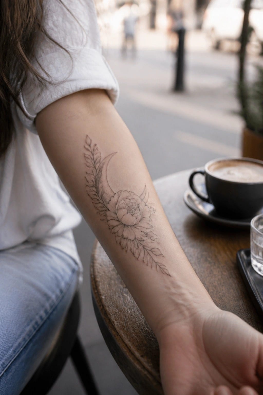 Intricate floral tattoo with crescent moon on forearm beside coffee cup on table