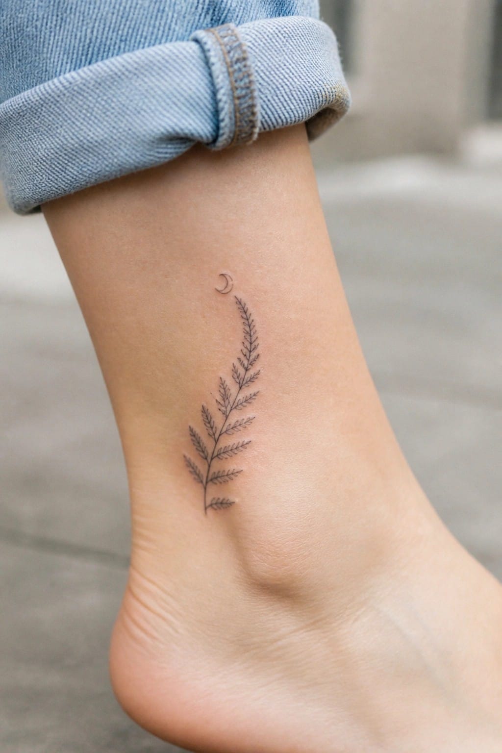 Minimalist fern tattoo with crescent moon on ankle below rolled blue jeans