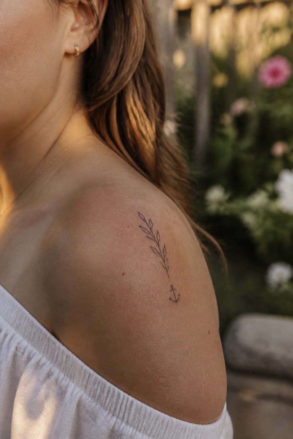 Woman's shoulder with leafy branch and anchor tattoo over white off-shoulder top