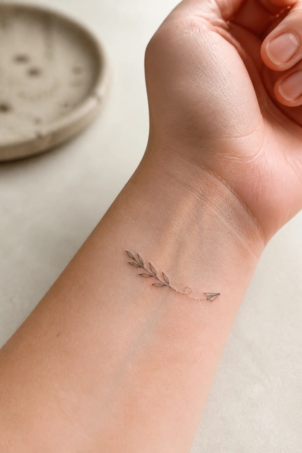 Fine line tattoo on the inner wrist with a leafy branch, dotted line, and paper airplane design