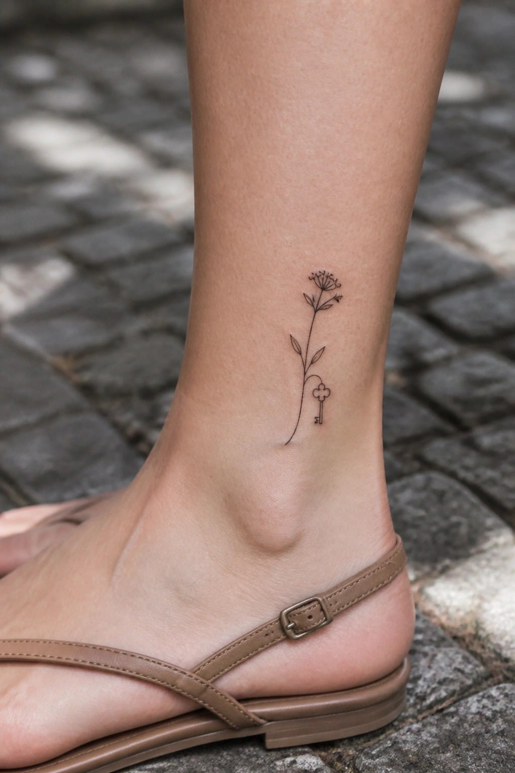 Ankle with delicate flower stem tattoo ending in key above brown sandal on cobblestones