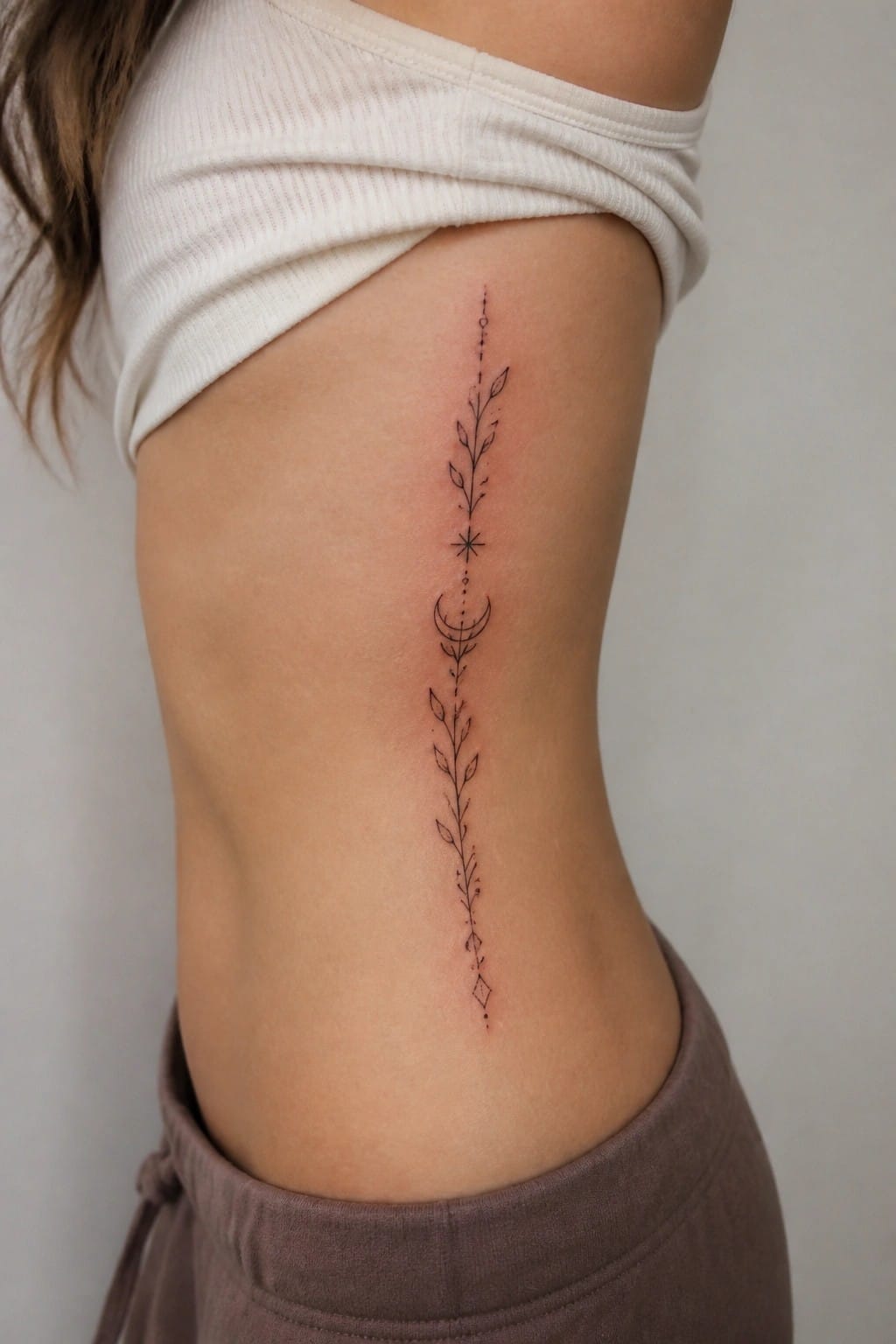 Minimalist vertical tattoo with leaves, crescent moon, and stars on torso under white top.
