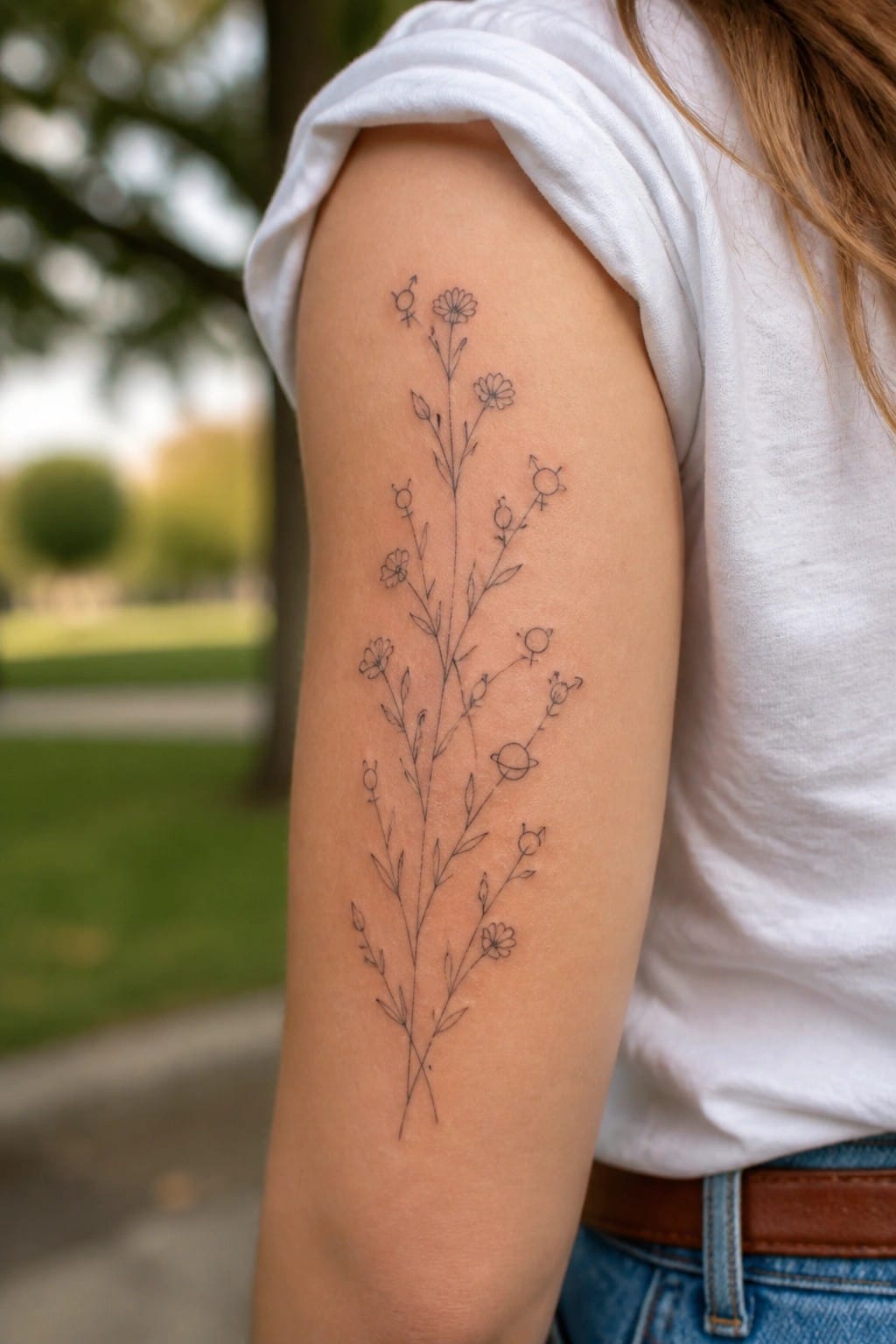 Fine line tattoo of flowers, leaves, and planet symbols arranged vertically on the upper arm.